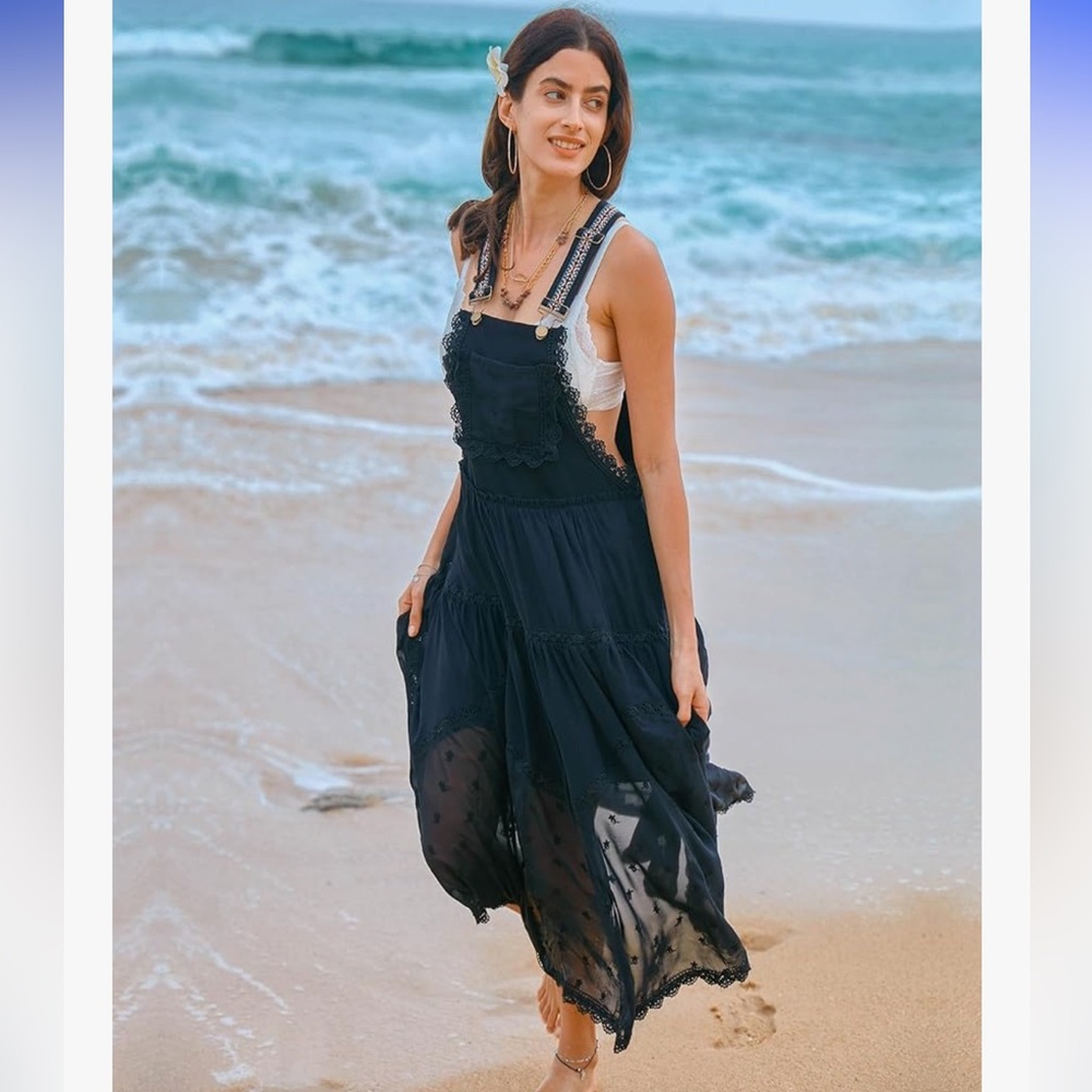 Black Lace-Trim Maxi Pinafore Dress - Women